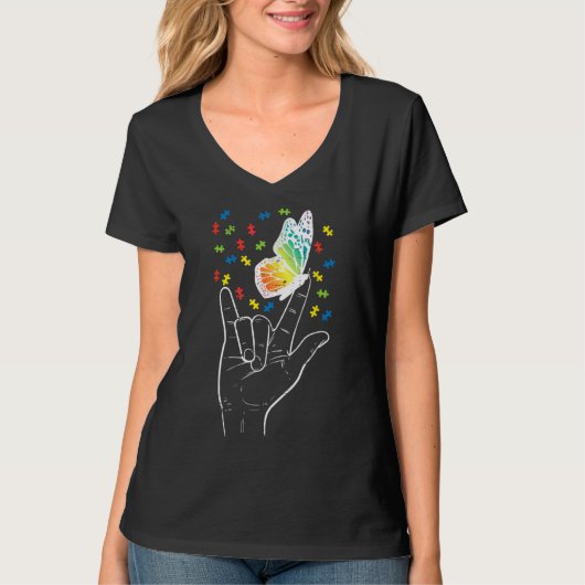 ASL Love Sign Language Autiseness Support T-shirt (Voorkant)