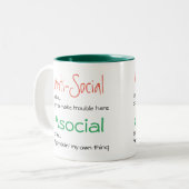 Asociaal niet asociaal: positieve introverte sloga tweekleurige koffiemok (Voorkant links)