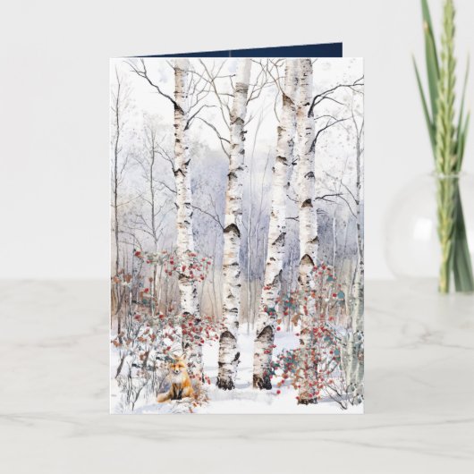 Aspens in de winter met Red Fox Christmas Kaart (Voorkant)