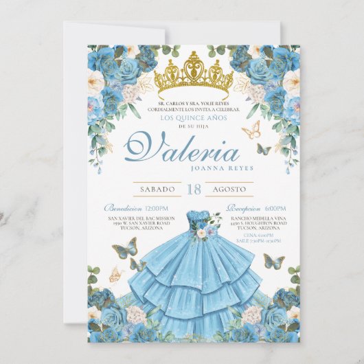 Assepoester Blauw Goud Elegant Prinses Quinceañera Kaart (Voorkant)