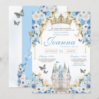 Assepoester Blauw Goud Prinses Kasteel Quinceanera Kaart