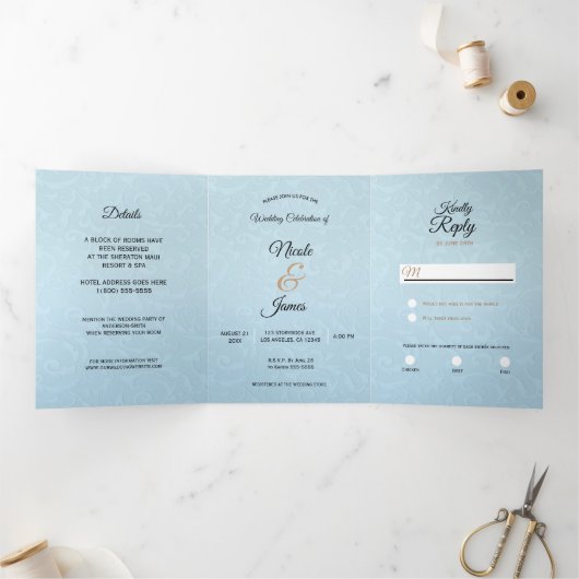 Assepoester Elegant Blue Trifold Wedding Programme Drieluik Uitnodiging (Binnen)