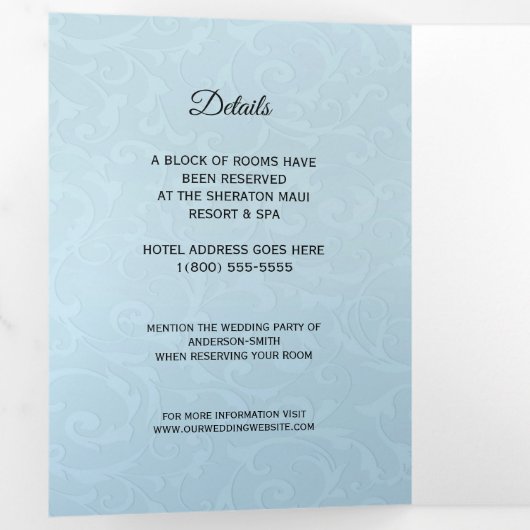 Assepoester Elegant Blue Trifold Wedding Programme Drieluik Uitnodiging (Binnenzijde eerst)