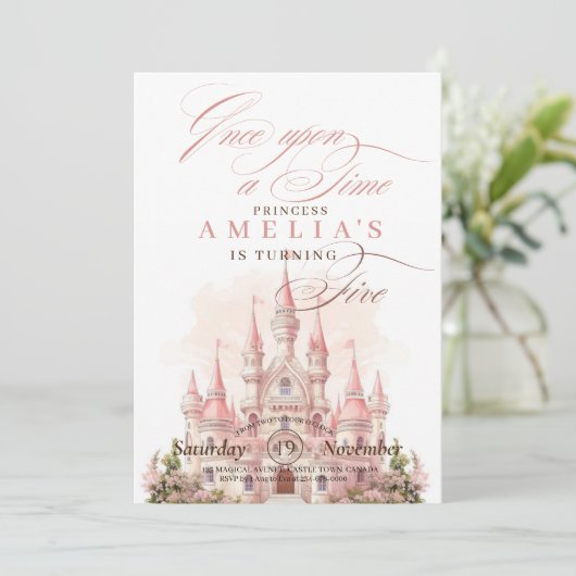 Assepoester Kasteel Prinses Roze Verjaardagsfeestj Kaart (Staand voorkant)