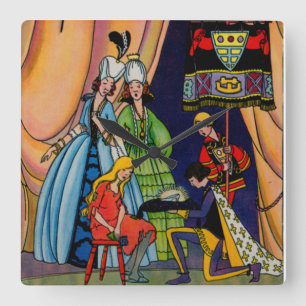 Assepoester, prins en glazen slipper vierkante klok