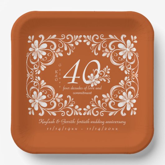 Assiette 40e Anniversaire Shabby Chic Orange Foncé (Recto)