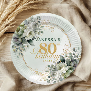 Assiette aquarelle 80e anniversaire au feuillage v
