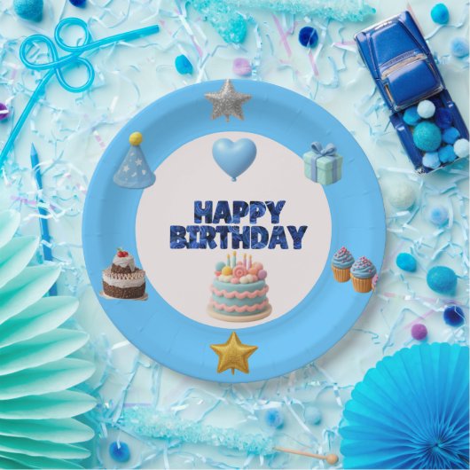 Assiette d'anniversaire bleue personnalisable (Fête)