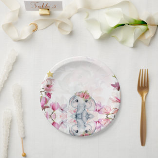 Assiette de fête Baby Shower avec éléphant floral