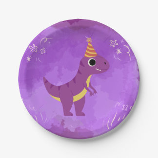 Assiette de fête dinosaure violette