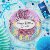 Assiette de fête en papier aquarelle fleur rose ro (Fête)