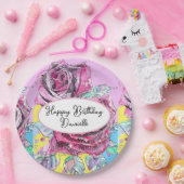 Assiette de fête en papier aquarelle fleur rose ro (Fête)