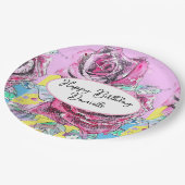Assiette de fête en papier aquarelle fleur rose ro (Angle)