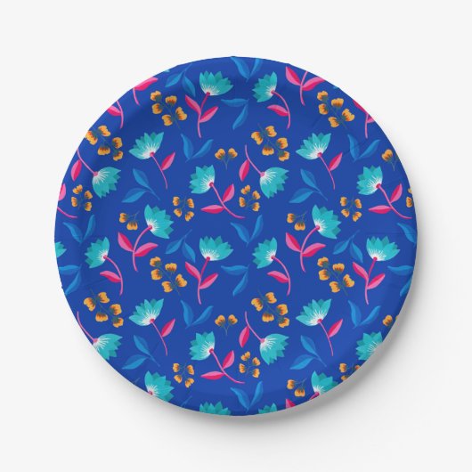 Assiette de fête en papier fleuri bleu (Devant)