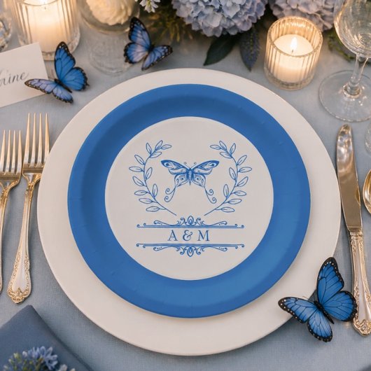 Assiette de mariage à monogramme papillon bleu