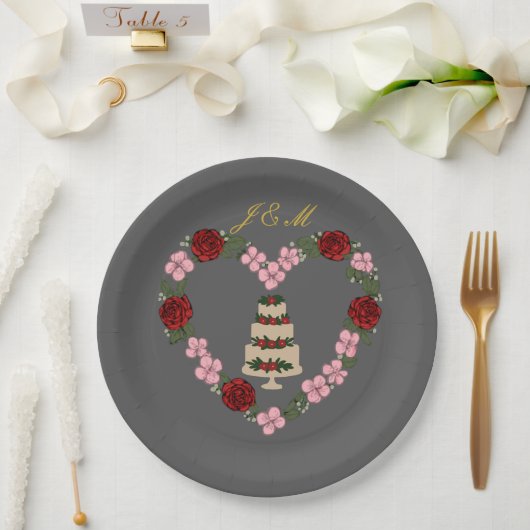 Assiette décorative grise pour gâteau avec cœur (Mariage)