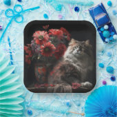 Assiette en carton chat fleur (Fête)