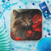 Assiette en carton chat fleur (Fête)