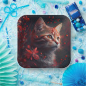 Assiette en carton chat fleur (Fête)