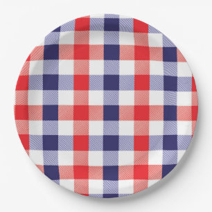 Assiette en papier à carreaux patriotiques bleus e