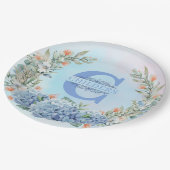 Assiette en papier à monogramme Hydrangea bleue (Angle)