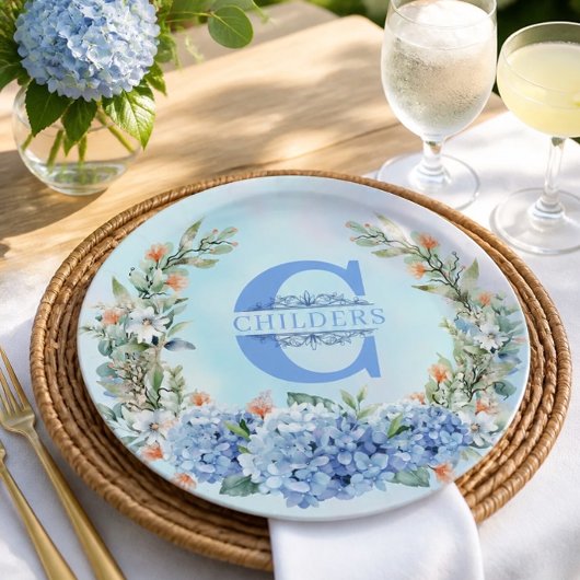 Assiette en papier à monogramme Hydrangea bleue