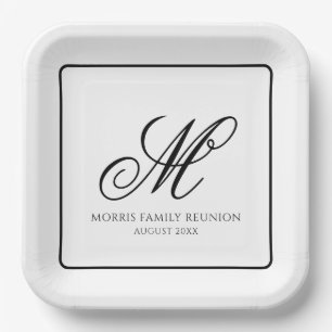 Assiette en papier à monogramme noir et blanc élég
