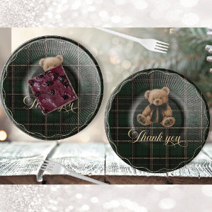 Assiette en papier à motif tartan vert Ours en pel