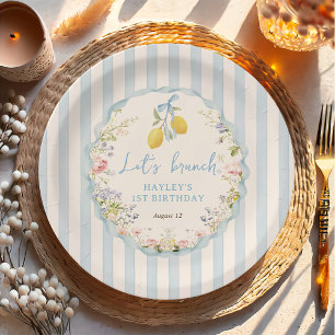 Assiette en papier aux noeuds bleus floraux citron