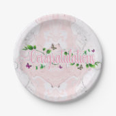 Assiette en papier avec félicitations fleurs roses (Devant)