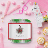 Assiette en papier avec motif sapin et ruban rouge (Fête)