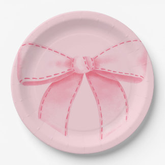 Assiette en papier avec ruban rose et fond rose un