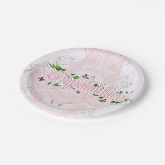 Assiette en papier avec texte Félicitations Fleurs (Angle)