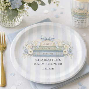 Assiette en papier Baby Shower à rayures bleues