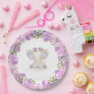 Assiette en papier Baby Shower Fille bébé éléphant