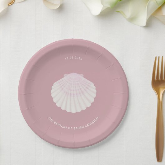 Assiette en papier baptême coquille rose