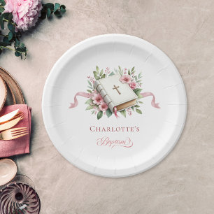 Assiette en papier baptême fleur rose moderne