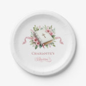 Assiette en papier baptême fleur rose moderne (Devant)