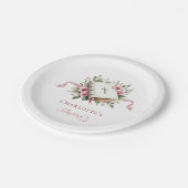Assiette en papier baptême fleur rose moderne (Angle)