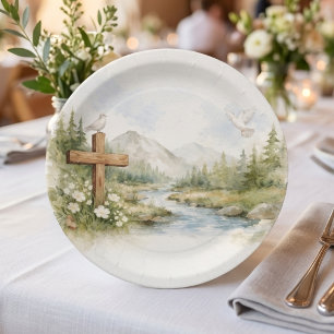 Assiette en papier baptême minimaliste fleur aquar