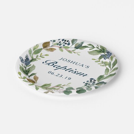 Assiette en papier baptême verdure rustique (Angle)