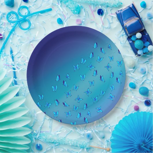 Assiette en papier bleue papillons enchantés (Fête)