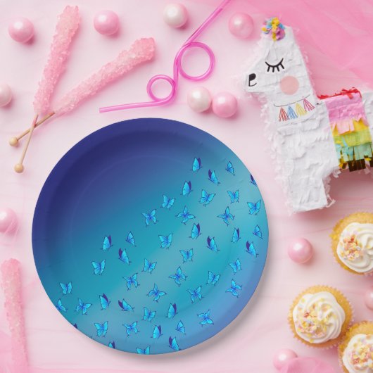 Assiette en papier bleue papillons enchantés (Fête)