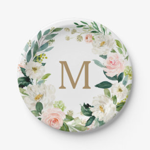 Assiette en papier Blush Floral Monogram Mariage