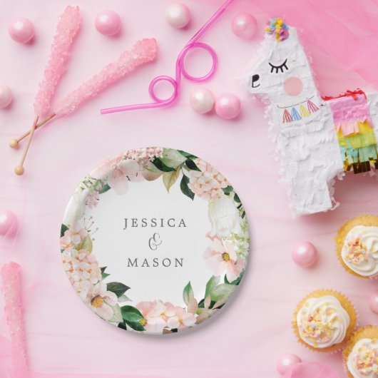 Assiette en papier Blush Hydrangea Monogramme pour (Fête)