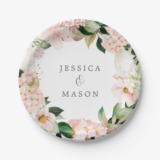 Assiette en papier Blush Hydrangea Monogramme pour (Devant)