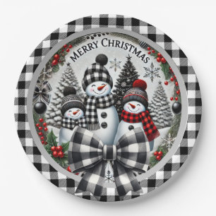 Assiette en papier bonhomme de neige à carreaux bu