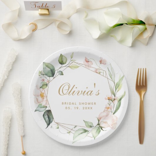 Assiette en papier cadre géométrique doré à fleurs (Mariage)