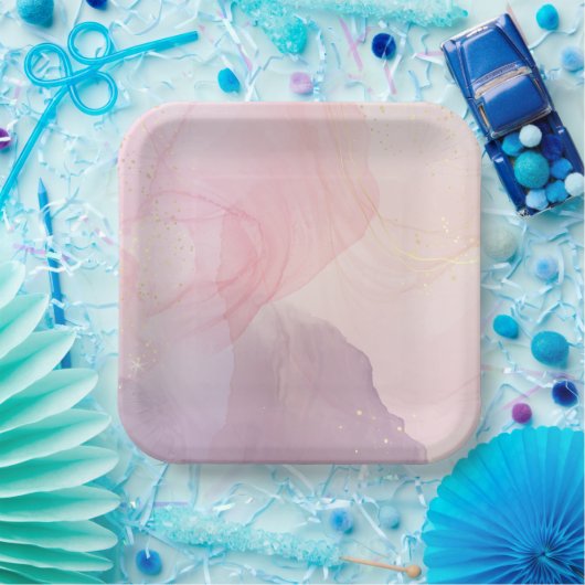 Assiette en papier carrée rose et or chic (Fête)