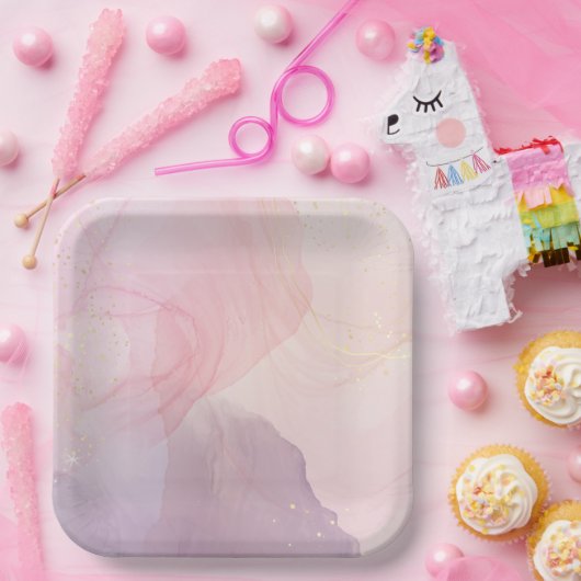 Assiette en papier carrée rose et or chic (Fête)